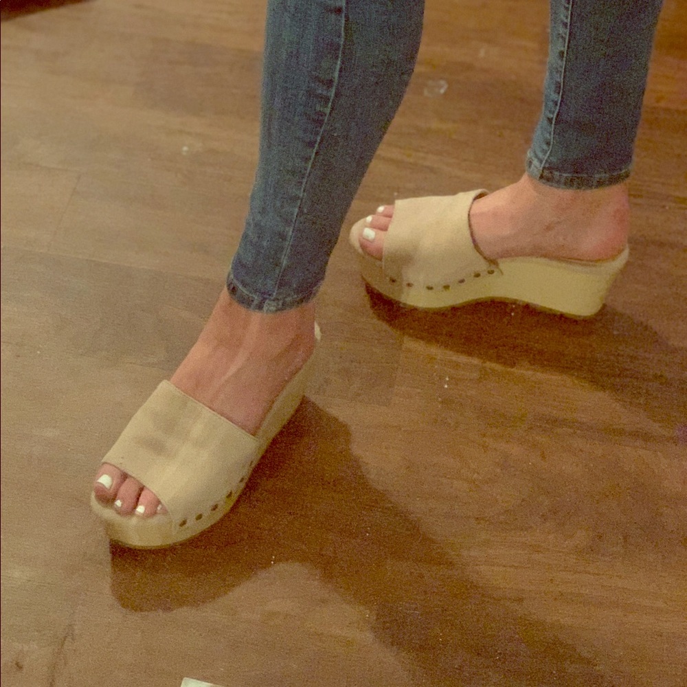 Wood Nail Studded Slide Wedge Mule Platform